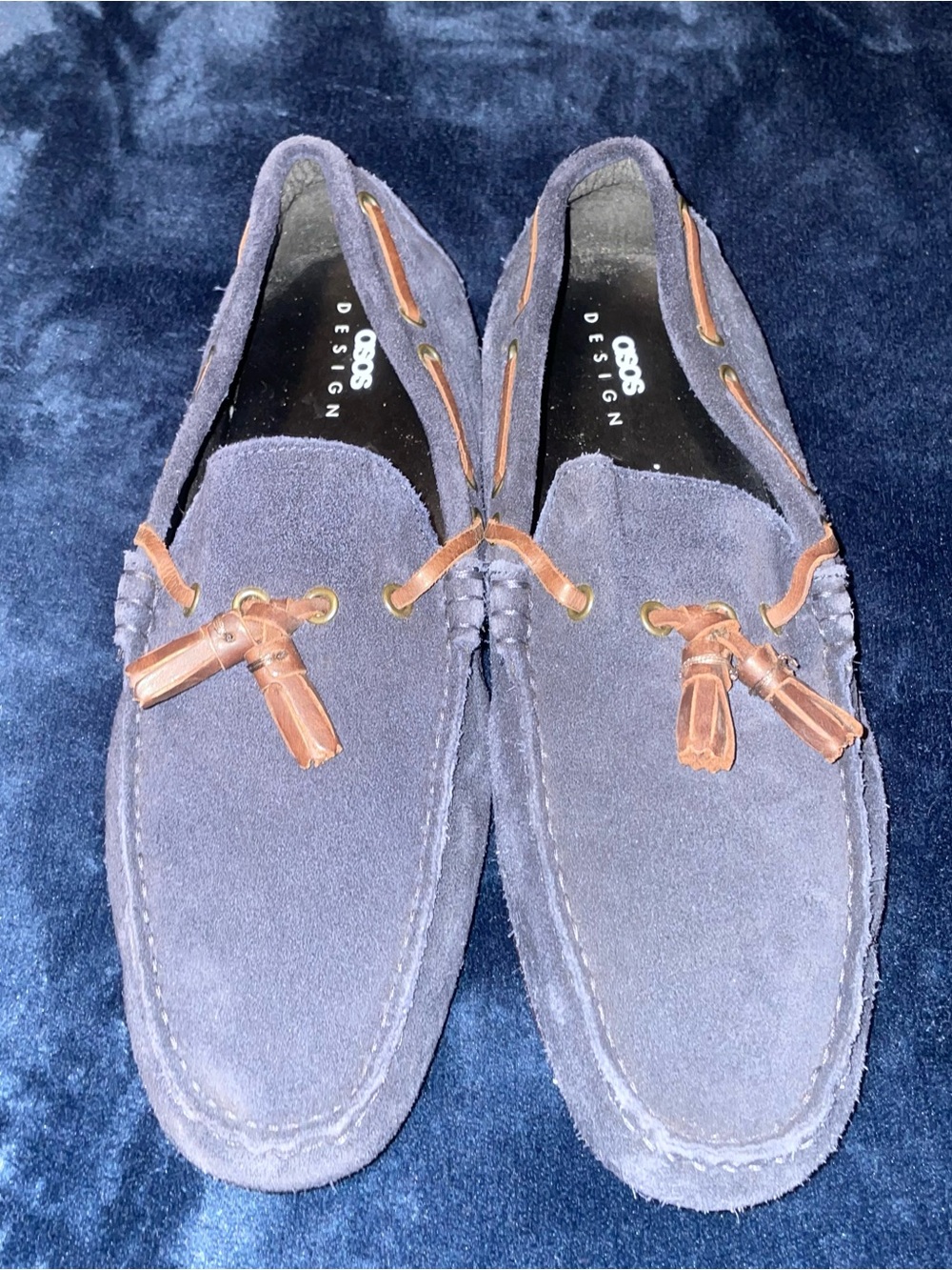 ASOS Navy Suede Tassel Moccasin Loafers with Brown Leather Trim